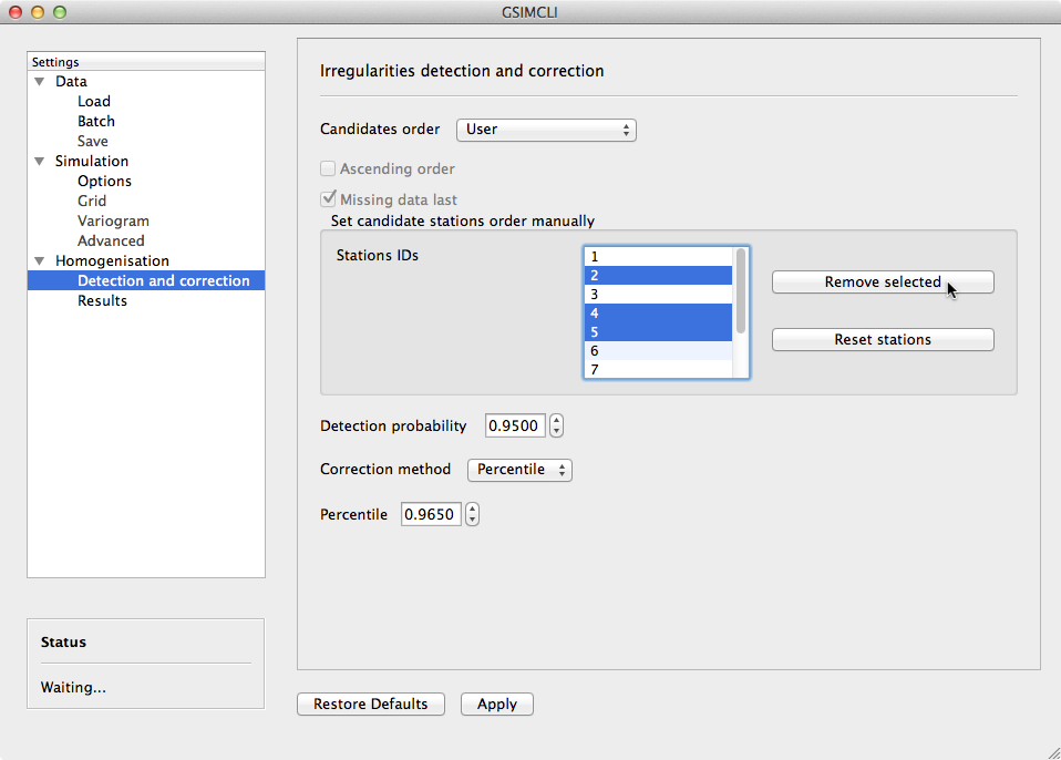 Example of the Homogenisation/Detection and correction settings pane